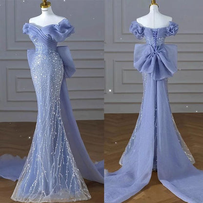 Sequin Short-Sleeve Evening Bow Gown Ruched Panel Shoulder Off Mermaid