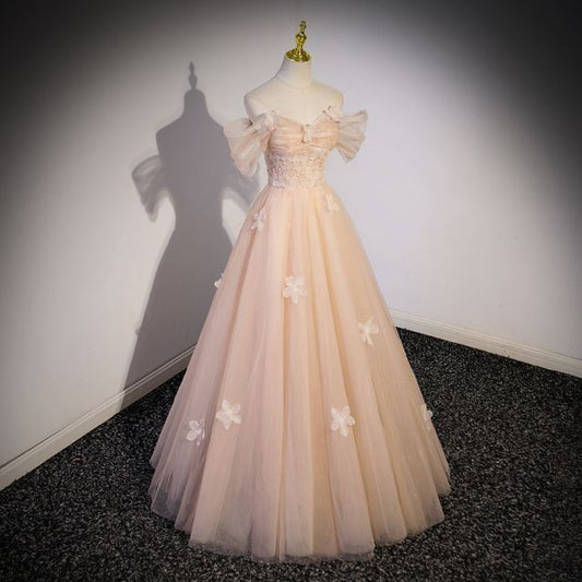 Patterned Shoulder Floral A-Line Panel Gown Short-Sleeve Off Mesh Evening