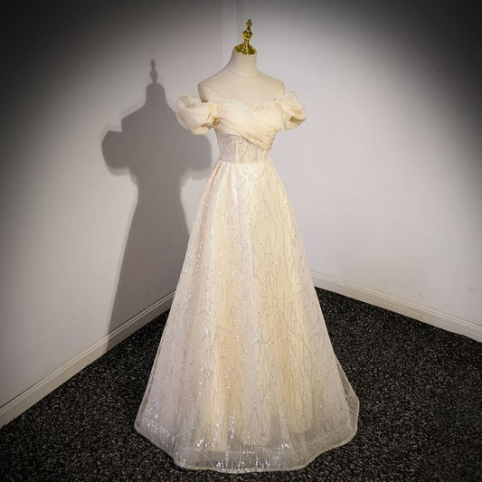 Shoulder Off Ruched Evening A-Line Short-Sleeve Plain Gown Sequin Mesh