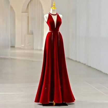 Gown Cutout Velvet Crew Neck Rhinestone Plain A-Line Sleeveless Evening