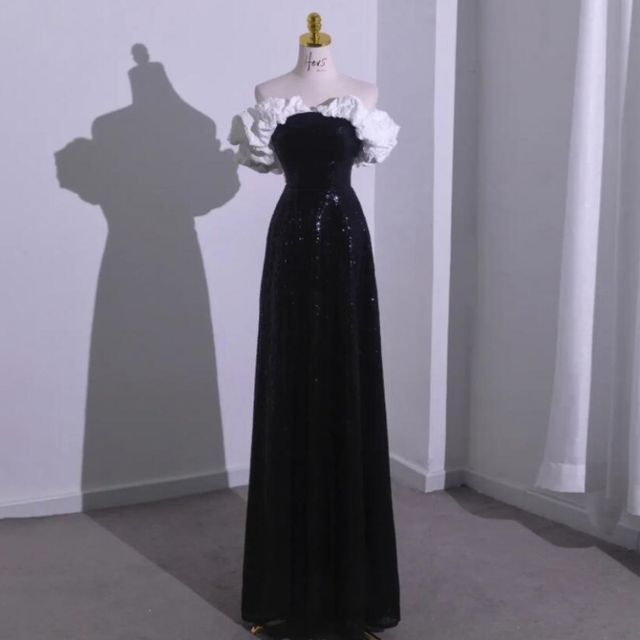 A-Line Shoulder Tube Tone Evening Ruffle Sequin Gown Off Two Short-Sleeve Bow