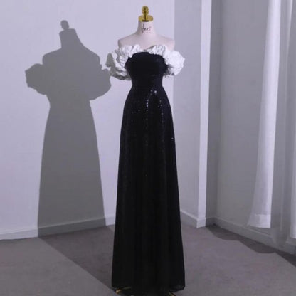 A-Line Shoulder Tube Tone Evening Ruffle Sequin Gown Off Two Short-Sleeve Bow