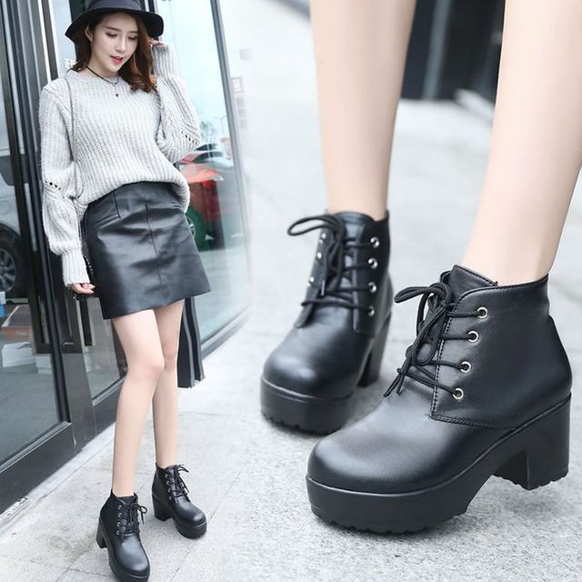 Lace-Up Chunky Platform Boots Ankle Heel