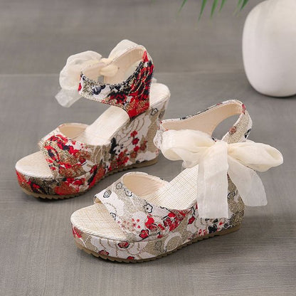 Wedge Floral Bow Platform Heel Sandals