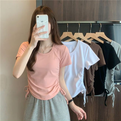 Short-Sleeve Crew Neck Plain Drawstring Tee