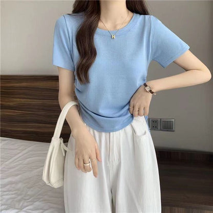 Short-Sleeve Crew Neck Plain Drawstring Tee