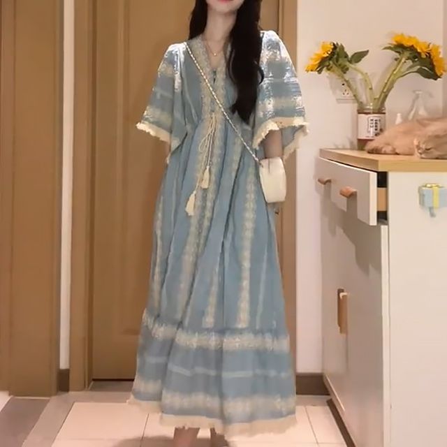 Elbow-Sleeve V-Neck Embroidered Tassel Panel Midi A-Line Dress