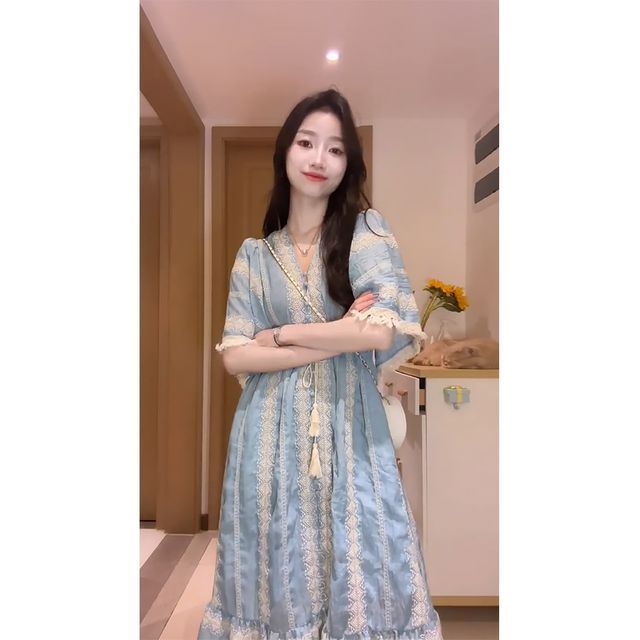 Elbow-Sleeve V-Neck Embroidered Tassel Panel Midi A-Line Dress