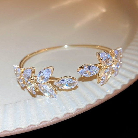 Leaf Rhinestone Alloy Open Bangle