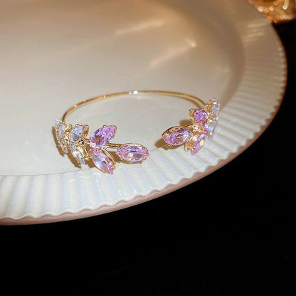 Leaf Rhinestone Alloy Open Bangle