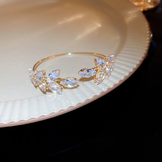 Leaf Rhinestone Alloy Open Bangle