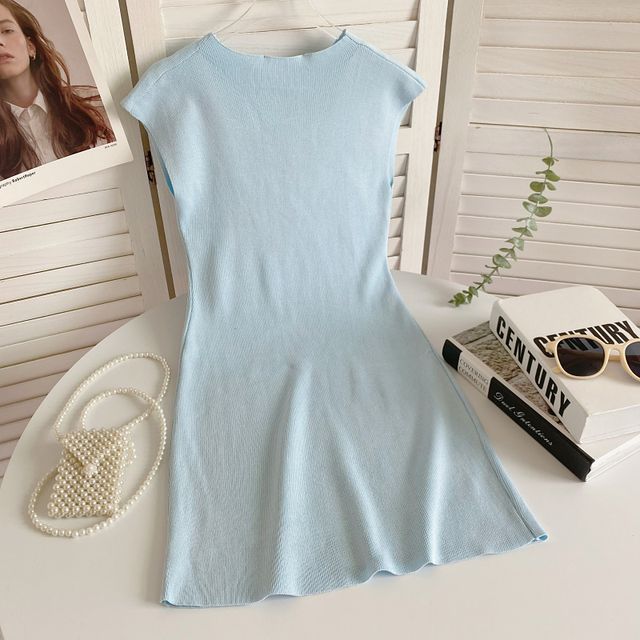 Cap-Sleeve Mock Neck Plain Knit Mini Bodycon Dress