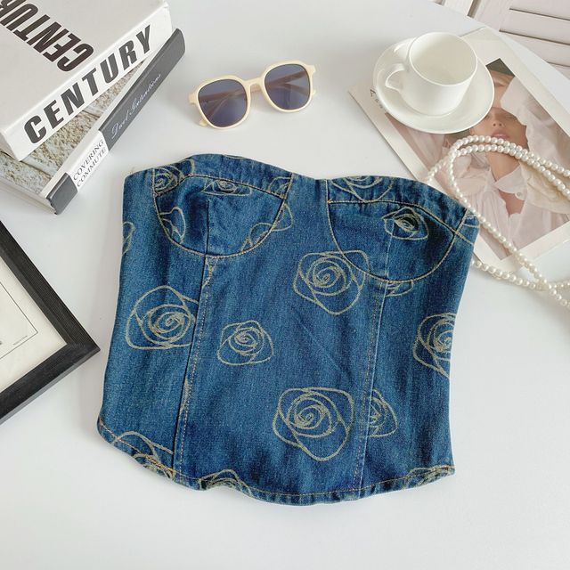 Floral Print Denim Crop Bustier Top