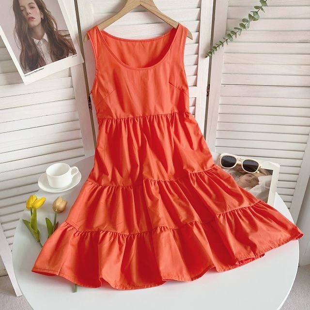 Sleeveless Scoop Neck Plain Tiered A-Line Dress