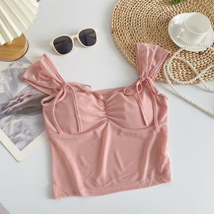 Bustier-Crop-Top mit Flügelärmeln, V-Ausschnitt, Blumendruck