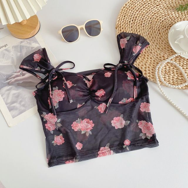 Cap-Sleeve V-Neck Floral Print Bustier Crop Top