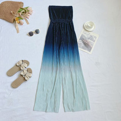 Strapless Gradient Ribbed Wide Leg Jumpsuit