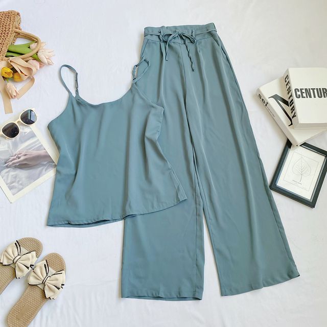 Set: Plain Camisole Top + High Waist Wide Leg Pants