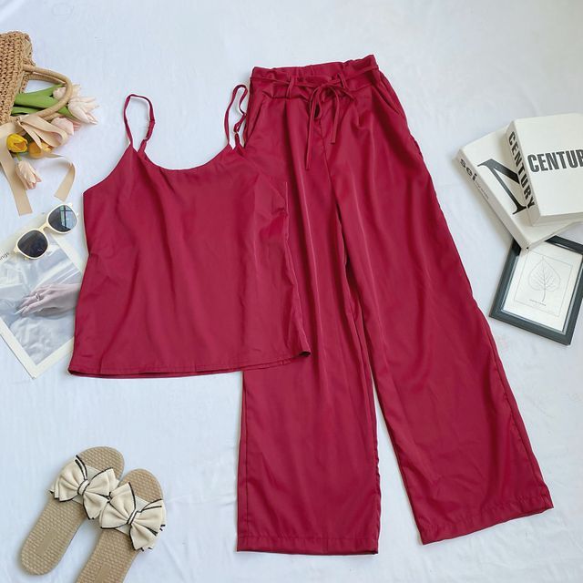 Set: Plain Camisole Top + High Waist Wide Leg Pants