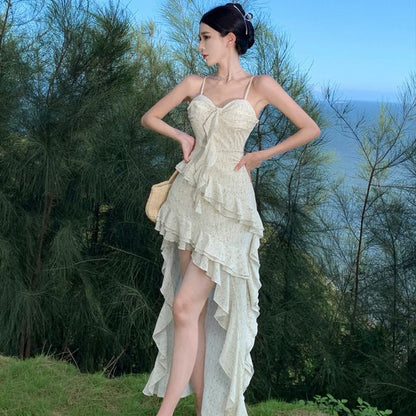 Spaghetti Strap Floral Ruffle Trim Maxi A-Line Dress