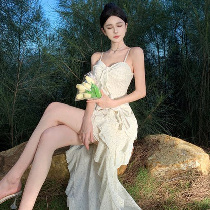 Spaghetti Strap Floral Ruffle Trim Maxi A-Line Dress