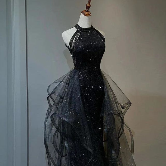 Mesh Panel Sleeveless Gown Glitter Evening Plain Ruffle A-Line Crew Neck Beaded