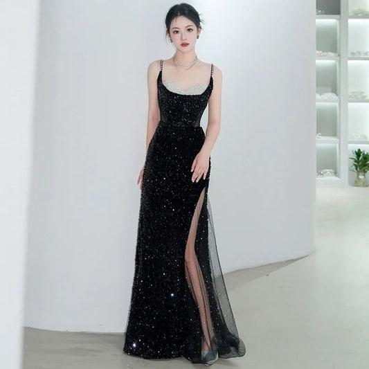 Two Slit Panel Gown Evening Tone Mesh A-Line Spaghetti Strap Sequin