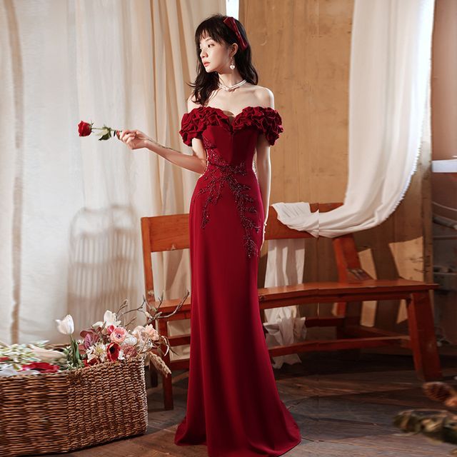 Short-Sleeve Off Shoulder Plain Beaded Ruched Panel Mesh Mermaid Evening Gown