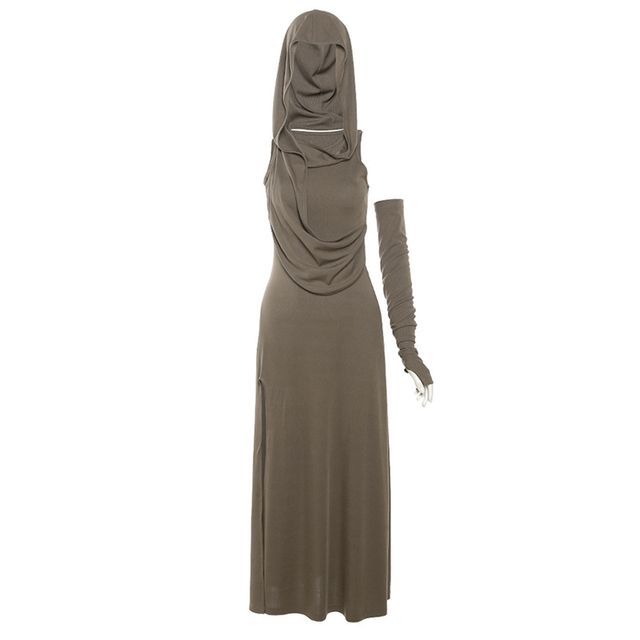 Sleeveless Hooded Slit Sheath Maxi with Arm Sleeves