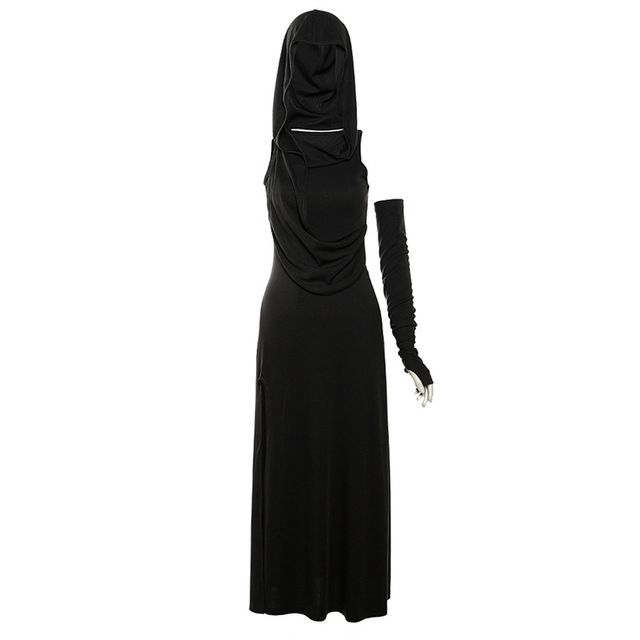 Sleeveless Hooded Slit Sheath Maxi with Arm Sleeves