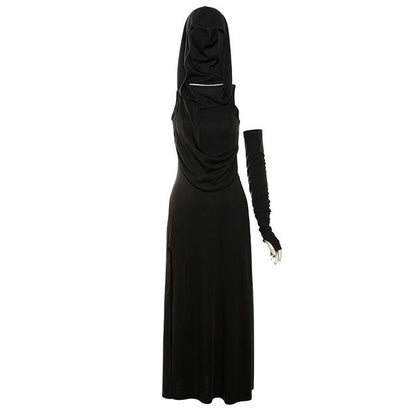 Sleeveless Hooded Slit Sheath Maxi with Arm Sleeves