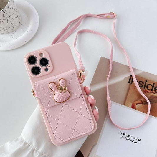 Rabbit Applique Phone Case With Pocket & Crossbody Strap For iPhone 11, 11 Pro, 11 Pro Max, 12/12 Pro, 12 Pro Max, 13, 13 Pro, 13 Pro Max, 14, 14 Plus, 14 Pro, 14 Pro Max