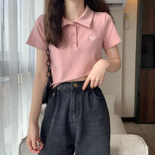 Short-Sleeve Heart Embroidered Polo Shirt