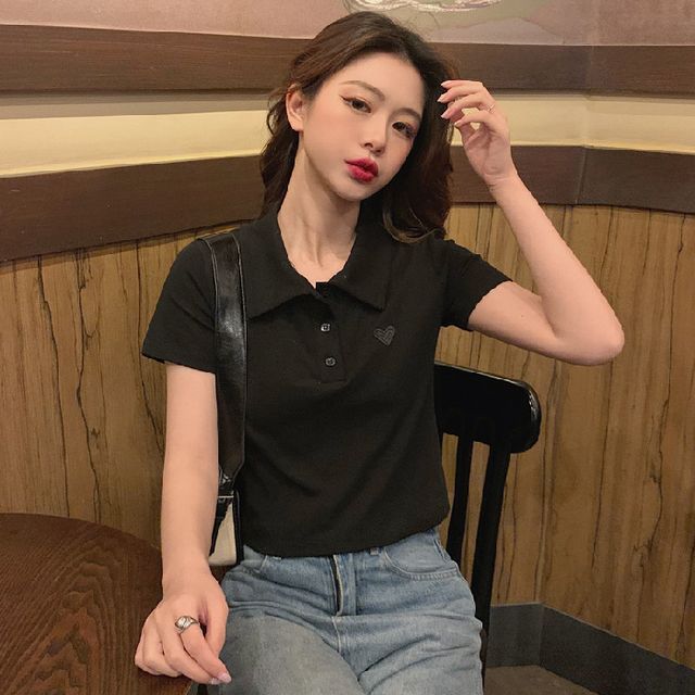 Short-Sleeve Heart Embroidered Polo Shirt