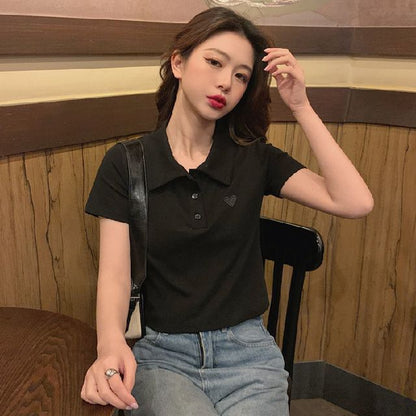 Short-Sleeve Heart Embroidered Polo Shirt