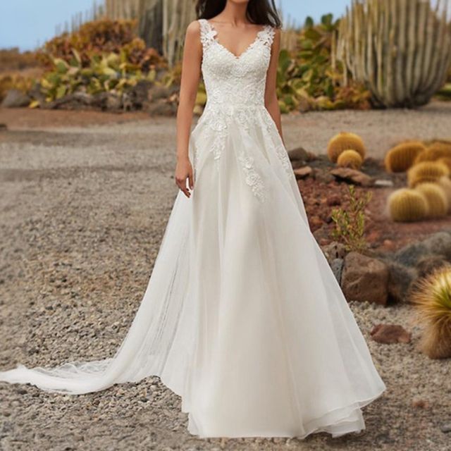 A-Line Wedding V-Neck Sleeveless Gown Lace