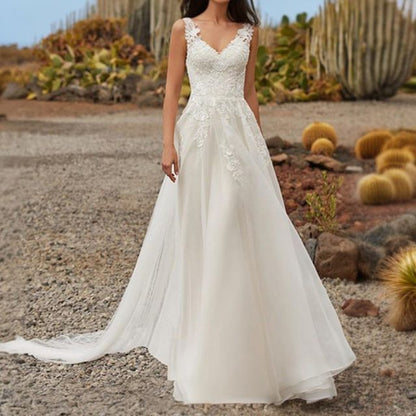 A-Line Wedding V-Neck Sleeveless Gown Lace