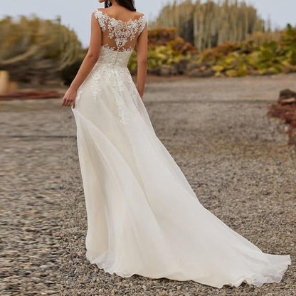 A-Line Wedding V-Neck Sleeveless Gown Lace