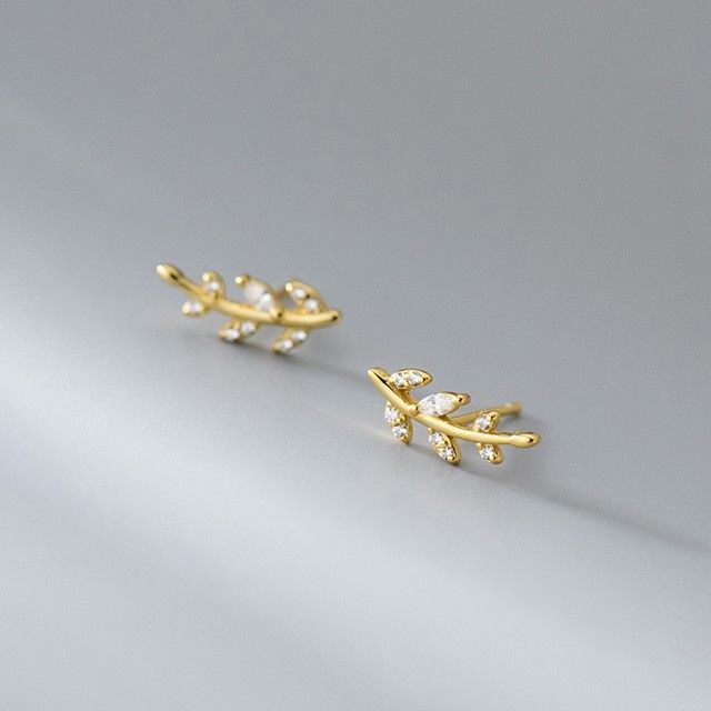 Leaf Rhinestone Sterling Silver Crawler Earring