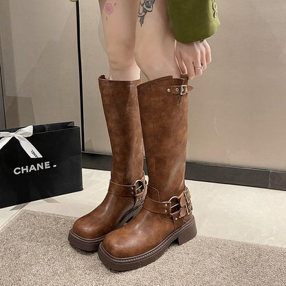 Platform Multi-Buckle Boots Knee High