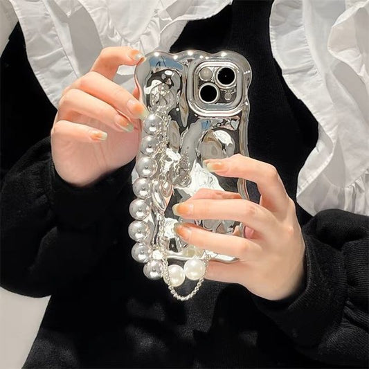 Faux Pearl Strap Metallic Phone Case