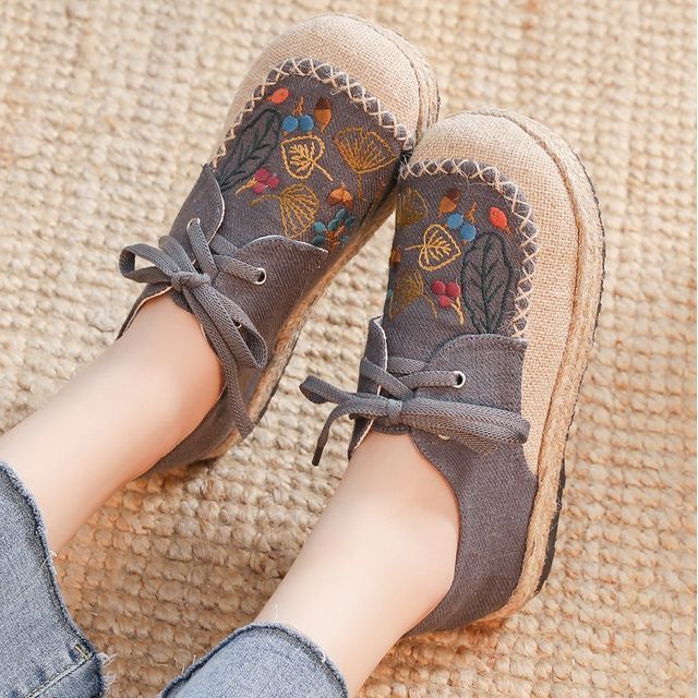 Leaf Embroidered Lace-Up Slip-Ons