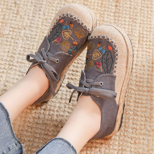 Leaf Embroidered Lace-Up Slip-Ons