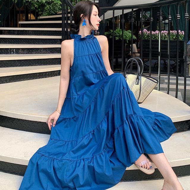 Frill Trim Sleeveless A-Line Maxi Dress