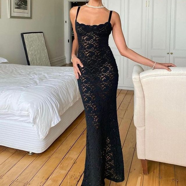 Lace Square Neck Sheath Maxi with Thin Straps