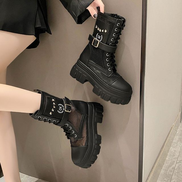 Lace-Up Studded Mesh Panel Platform Short Boots