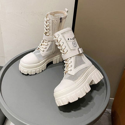 Lace-Up Studded Mesh Panel Platform Short Boots