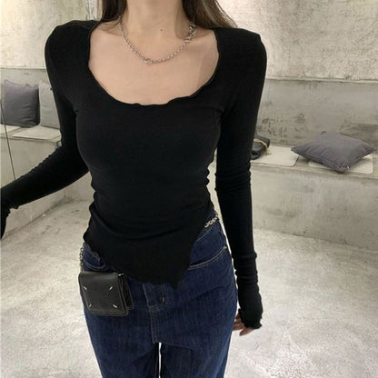 Long-Sleeve Scoop Neck Plain Slit Lettuce Edge T-Shirt