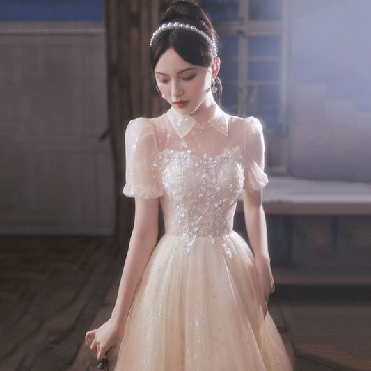 Short-Sleeve Mesh Gown A-Line / Dress Evening Midi