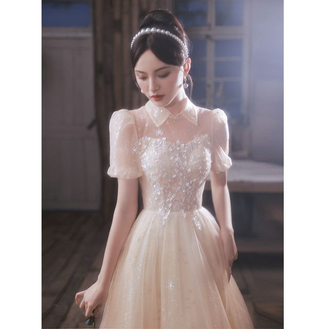 Short-Sleeve Mesh A-Line Evening Gown / Midi Evening Dress